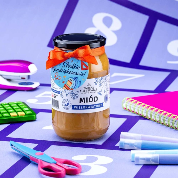 Miód tradycyjny 1200g z wstążką i etykietką dla Nauczyciela