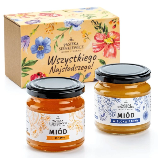 Dwa miody tradycyjne 250g w ozdobnym kartoniku z owijką "Wszystkiego Najsłodszego!"