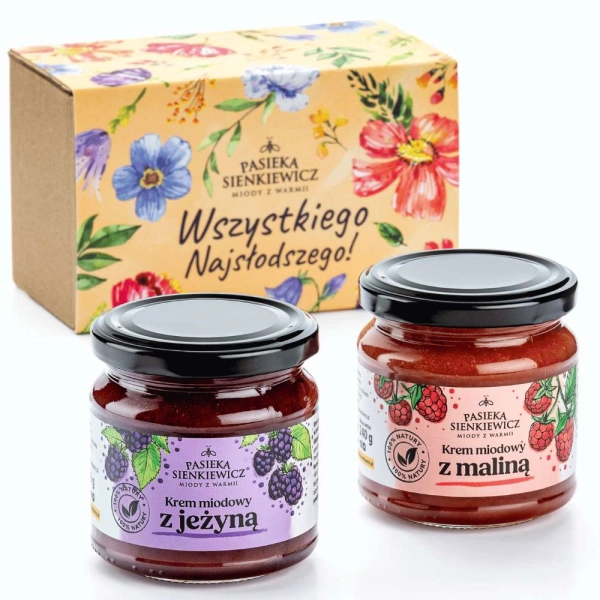 Dwa miody z dodatkami 240g w ozdobnym kartoniku z owijką "Wszystkiego Najsłodszego!"