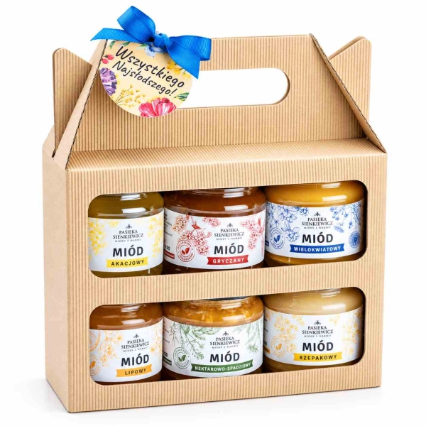 Zestaw miodów w kartoniku na prezent 6x250g "Wszystkiego Najsłodszego!"