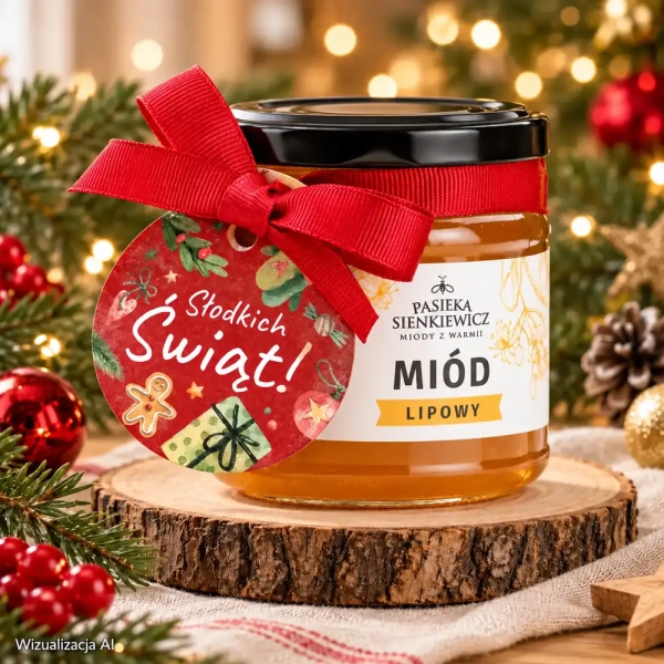 Miód tradycyjny 250g z wstążką i etykietką na Święta