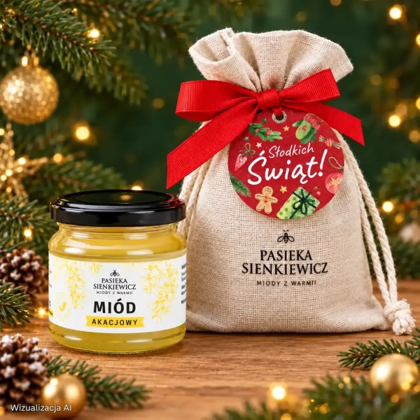 Miód tradycyjny 250g w worku z wstążką i etykietką na Święta