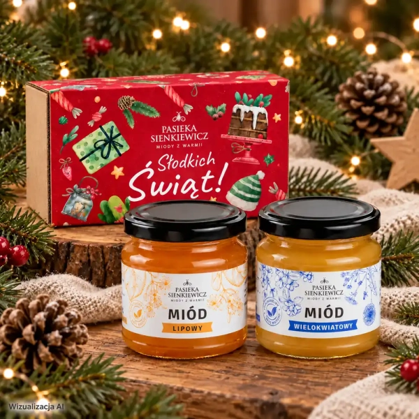 Dwa miody tradycyjne 250g w kartoniku z owijką na Święta