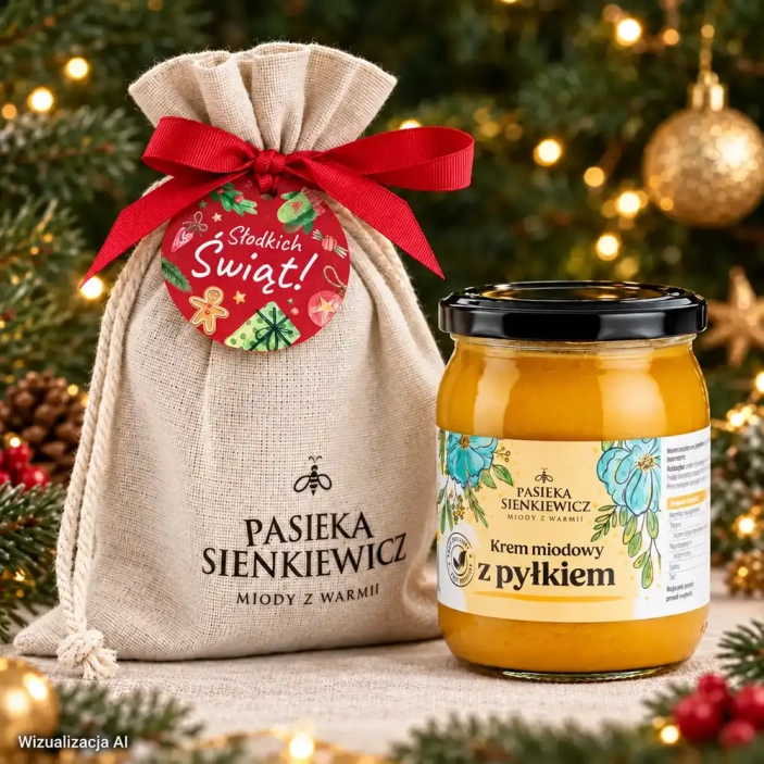 duzy-krem-miodowy-z-pylkiem-w-worku-na-swieta-2-pasieka-sienkiewicz-wizualizacja-ai.webp